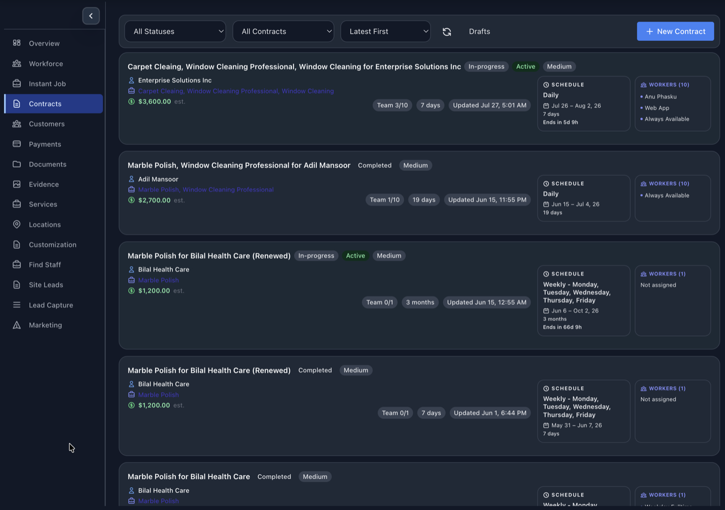 Servenzo contracts overview showing schedules, assigned workers, contract values and renewal dates