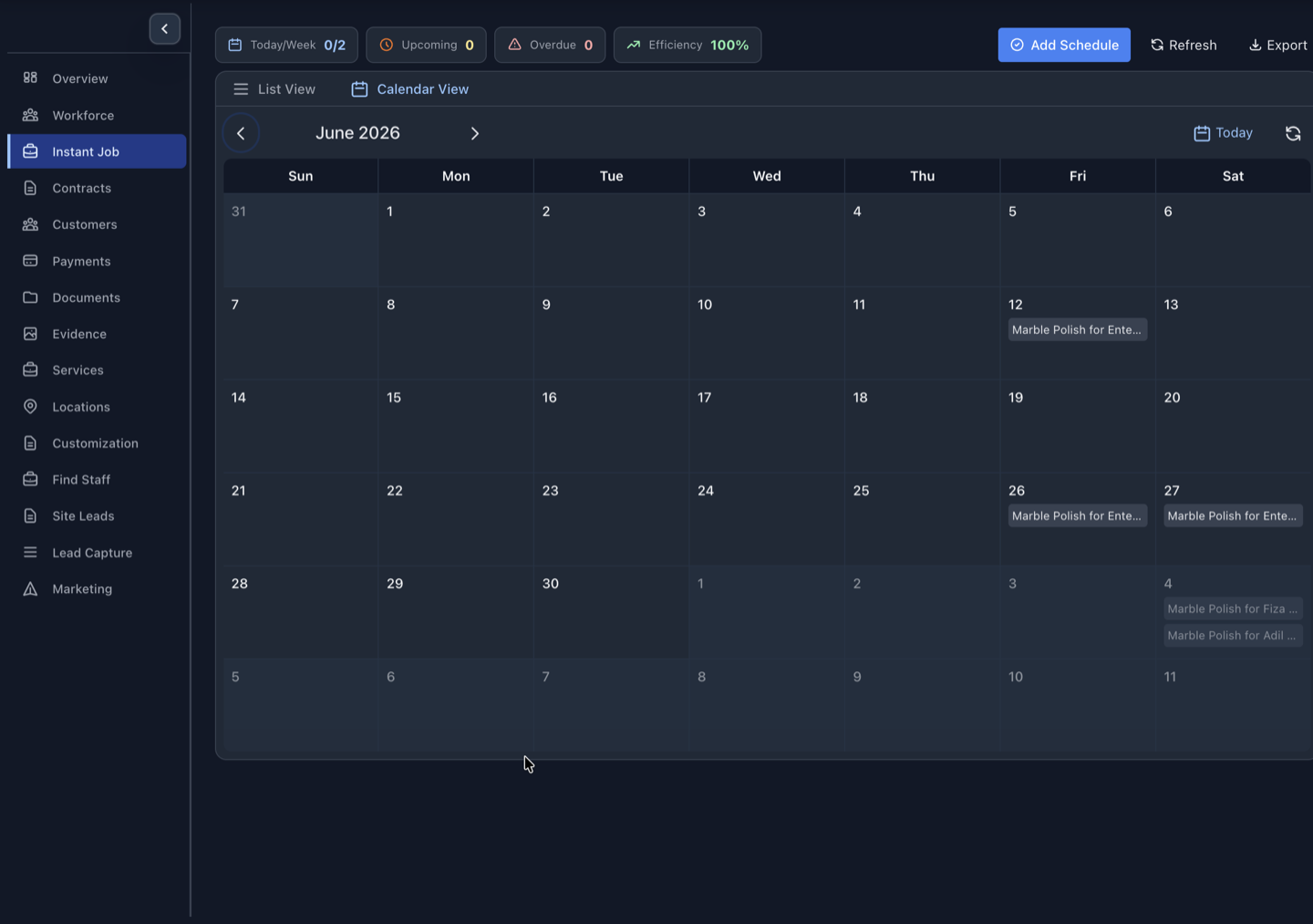 Servenzo scheduling calendar showing recurring contract work across a monthly view