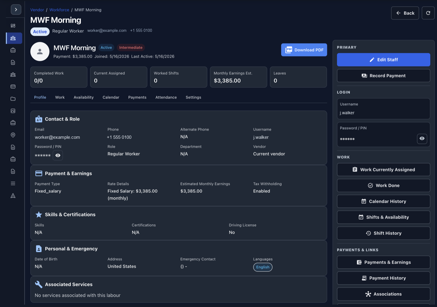 Servenzo workforce profile showing staff availability, earnings and work history
